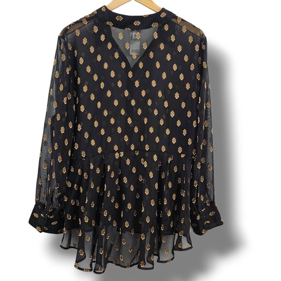 Chico's Button Up Blouse Black Gold Sheer 3/XL Lightweight Peplum Pleated Back - Picture 2 of 12